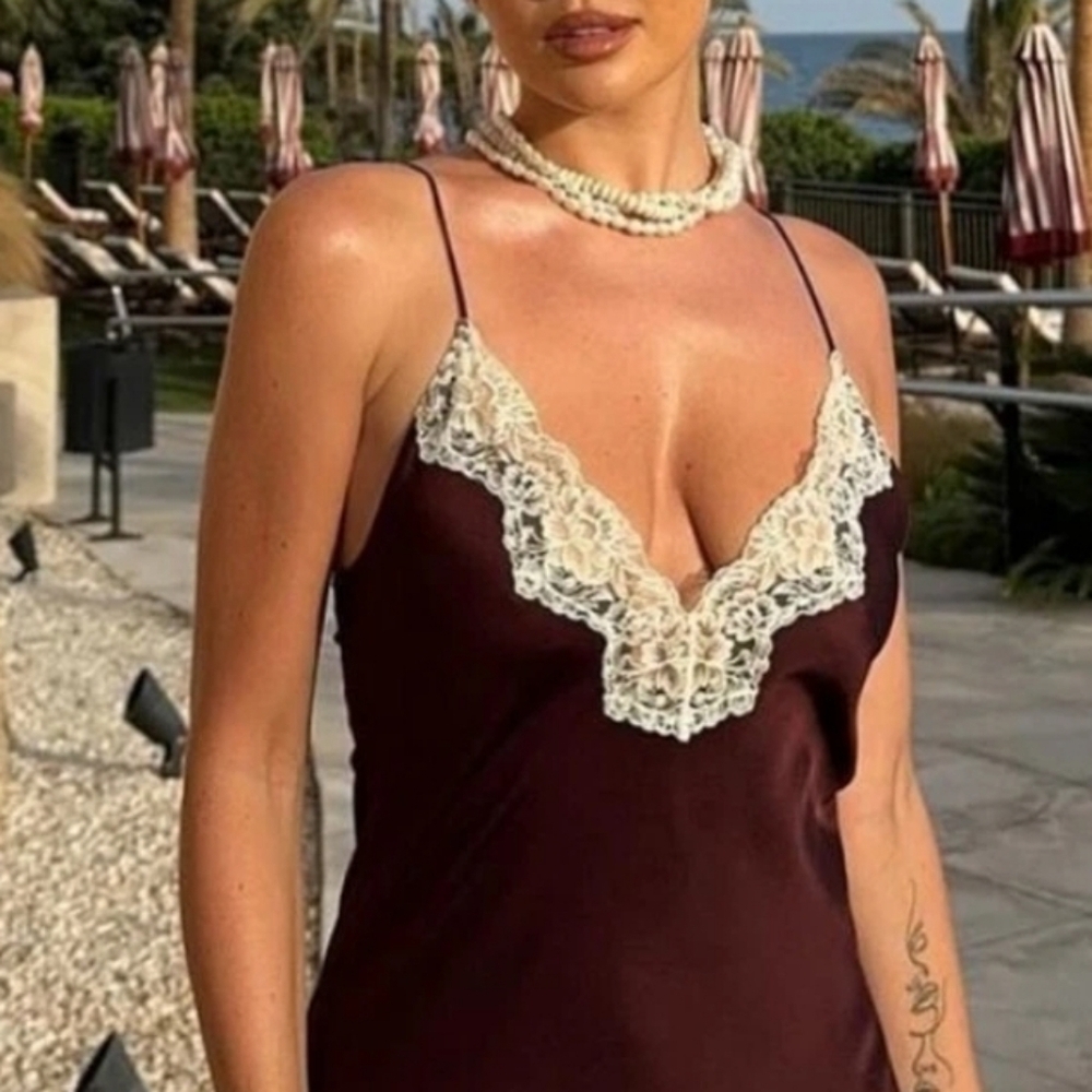 Zara Collection Burgandy Slip Maxi Dress with Lace Trim - Picture 5 of 9